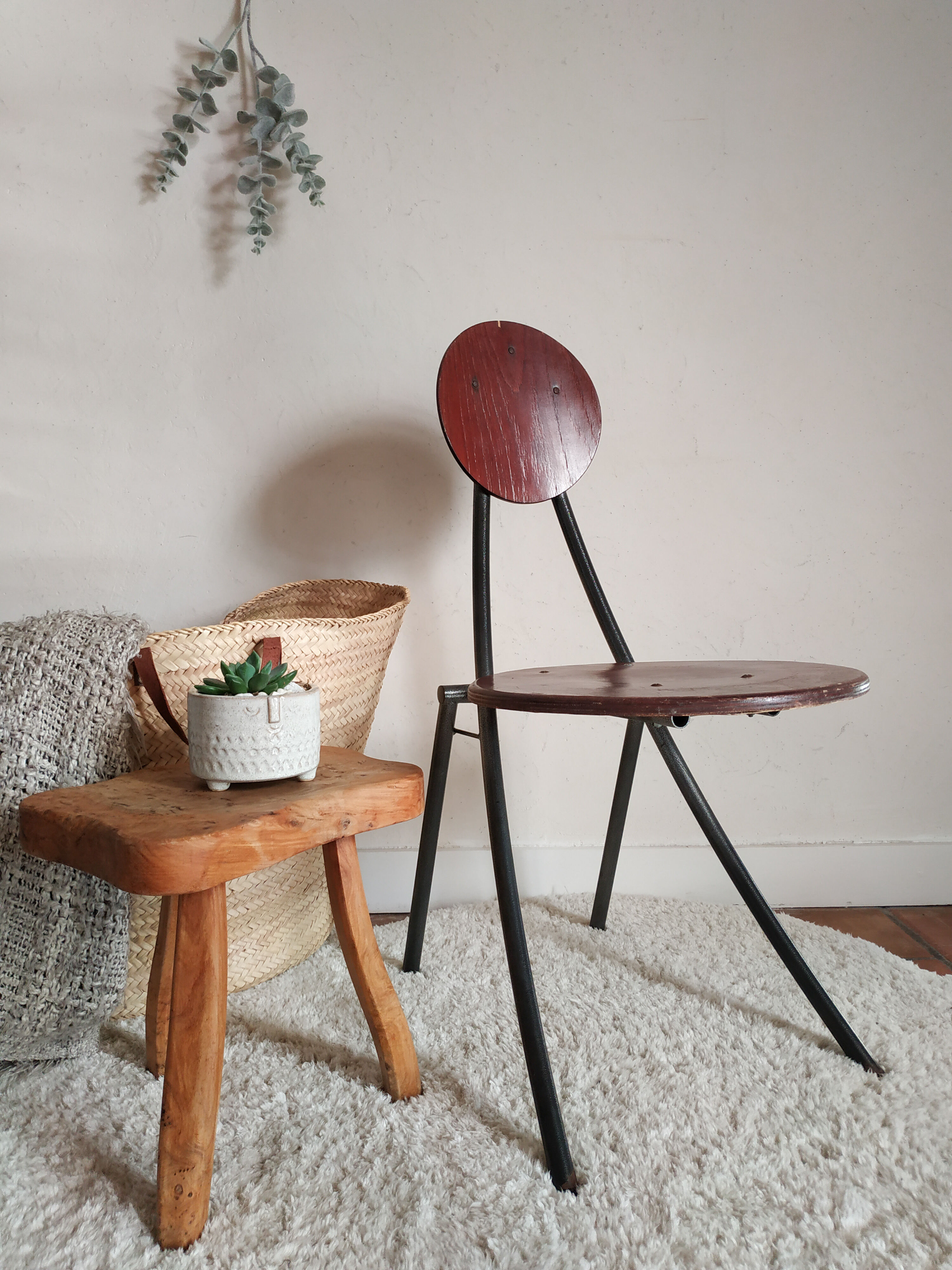 Old wooden chair and seated metal and round back