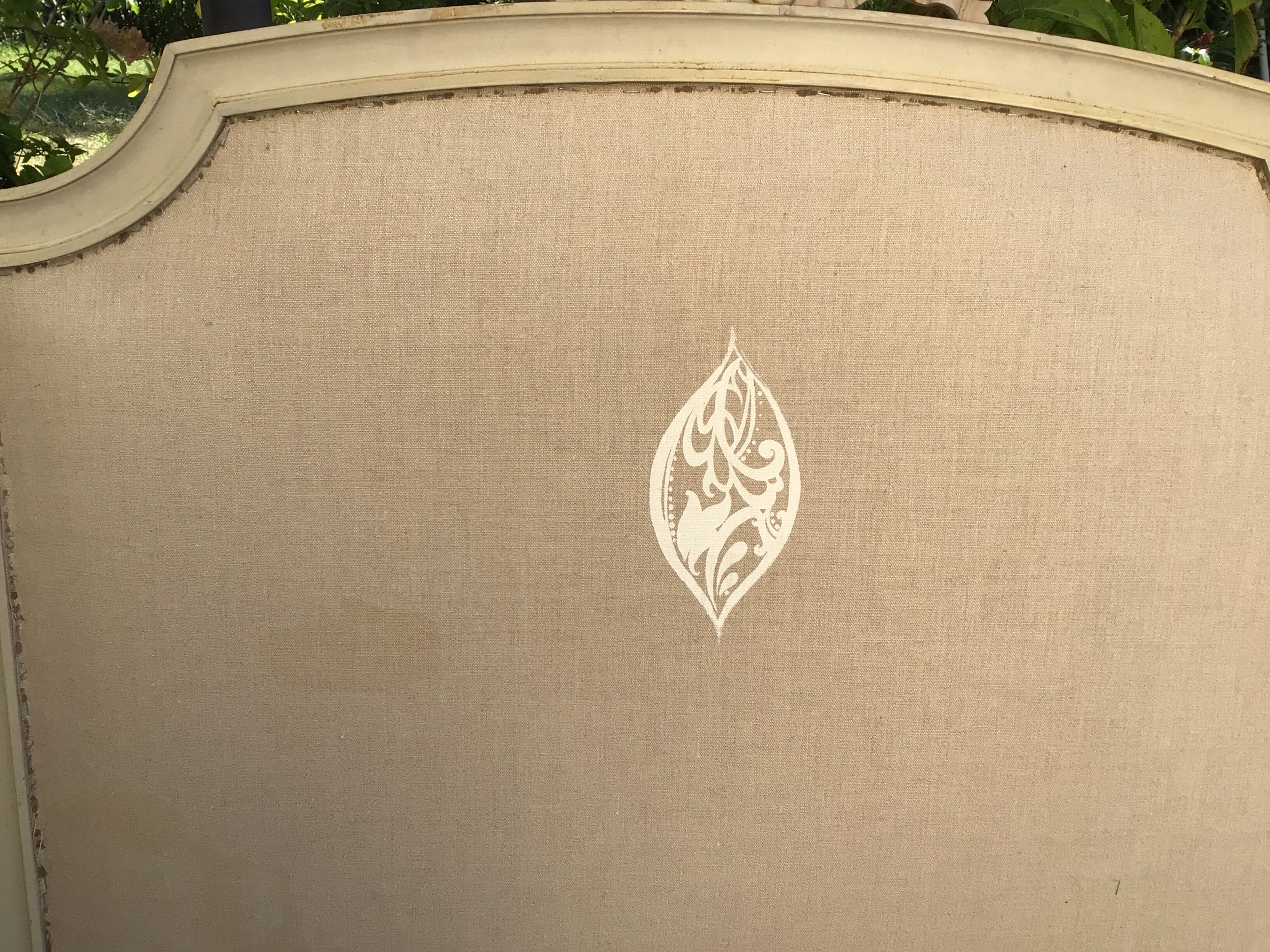 Patinated wood and linen headboard