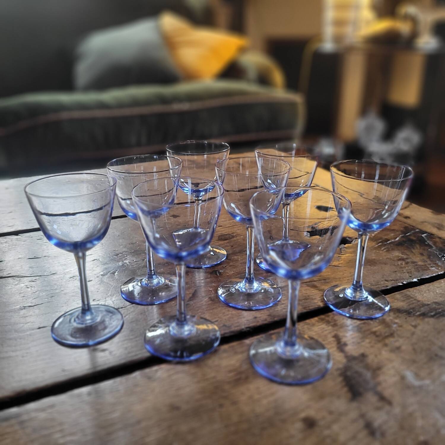 8 blue-tinted glass goblets – 1960s