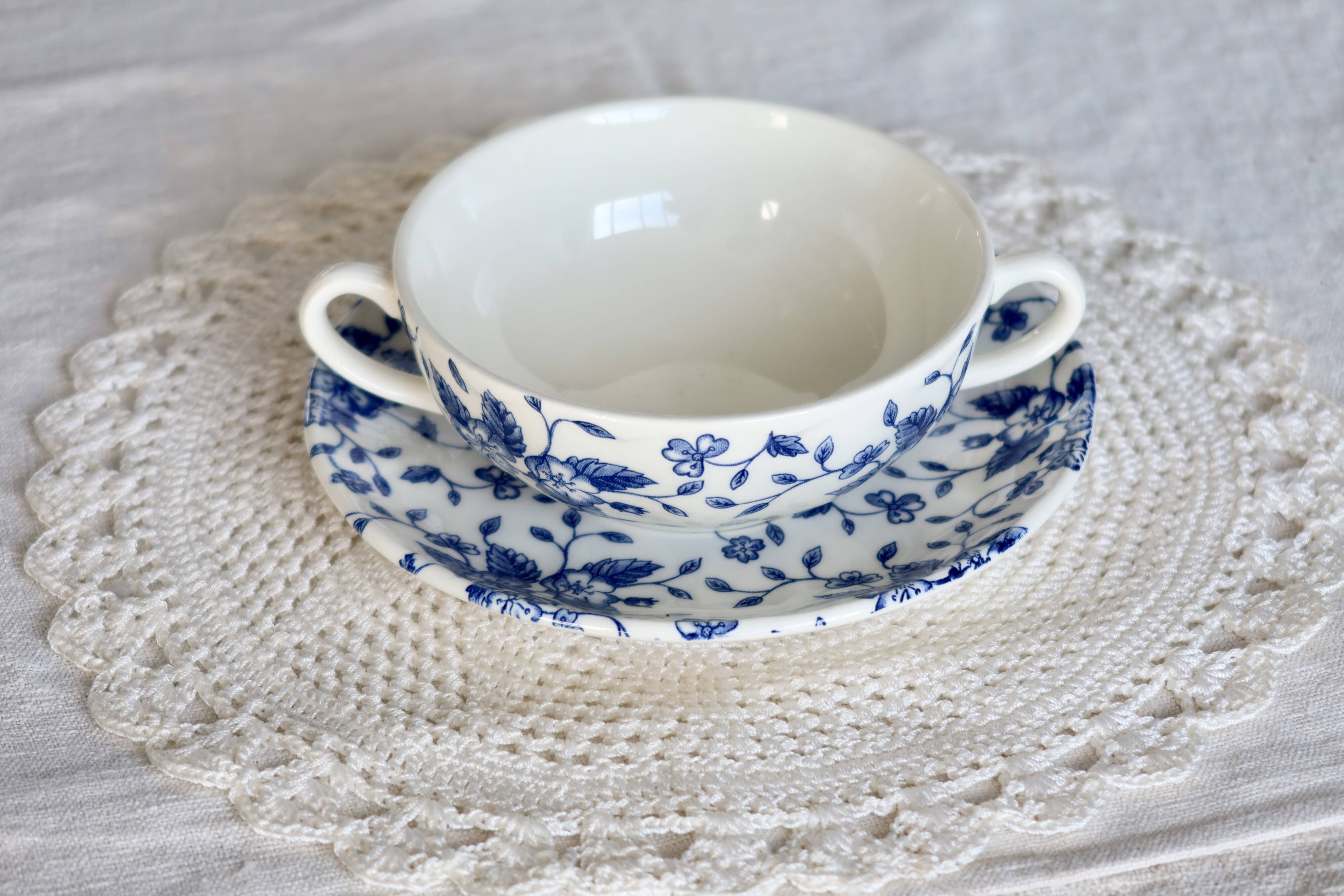 Vintage double-handled cup & saucer – Royal Tudor “Bouquet” blue