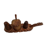 Vintage tablepiece in carved solid wood featuring salt, pepper and mustard pot