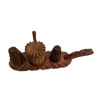 Vintage tablepiece in carved solid wood featuring salt, pepper and mustard pot