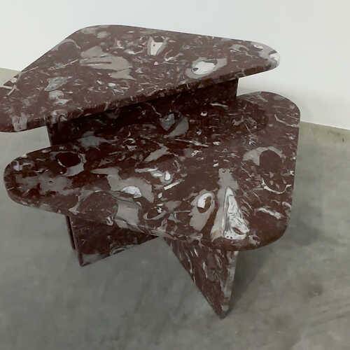 Set of 2 Belgian Rouge Griotte marble coffee tables, vintage postmodern nesting