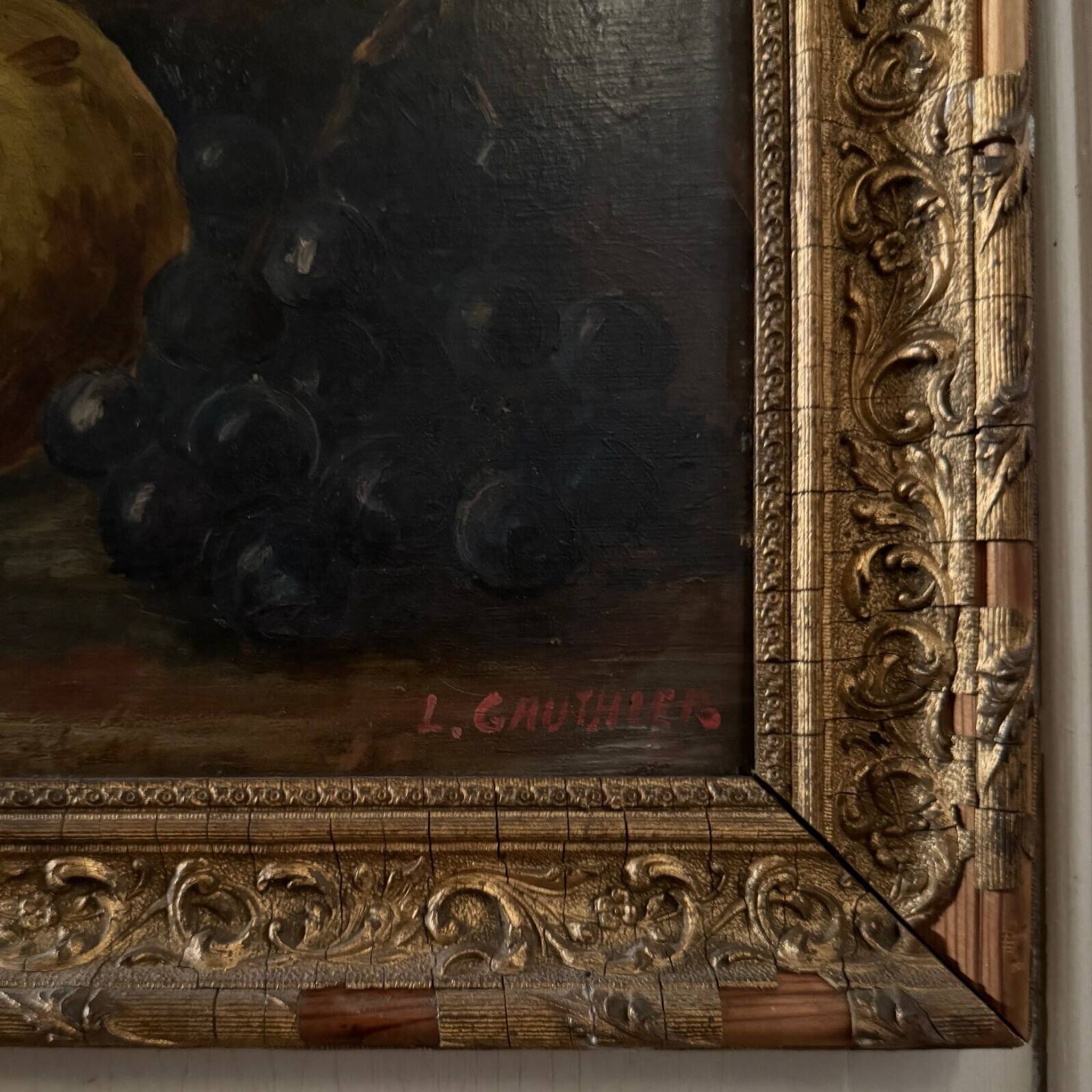 Pair of still lifes, oils on cardboard, fruits, 20th century by L. Gauthier
