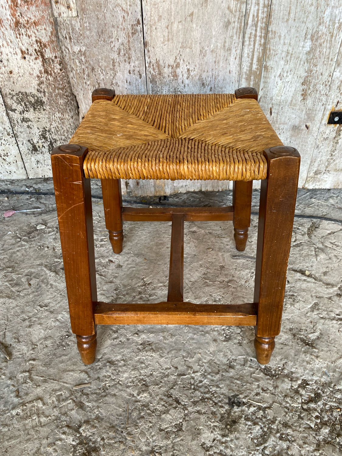 Old Trapezoid Stool Wood + Woven Straw Seat #D823