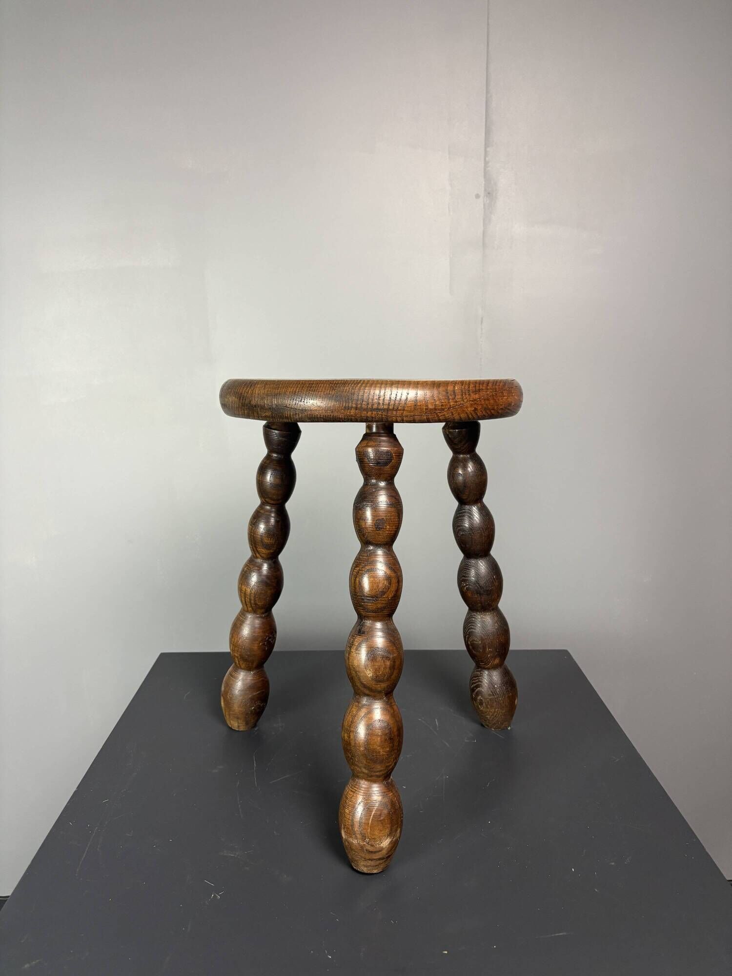 Midcentury bobbin wood turned stool, Charles Dudouyt style, France, 1950s