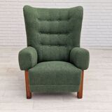 1960s, scandinavian design, restored high-back recliner, oak wood.