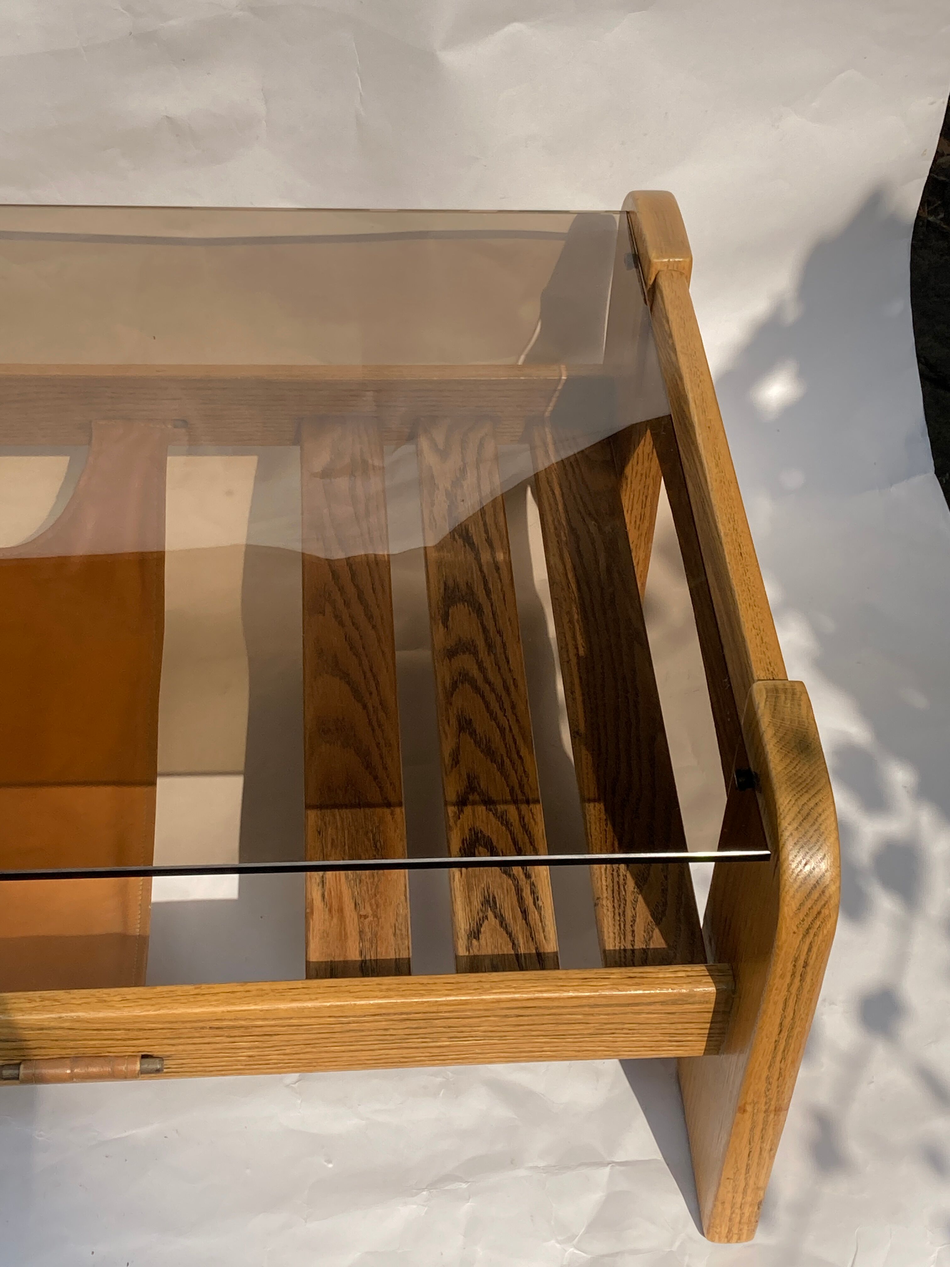 Brutalist wabi sabi slated coffee table with leather magazine holder