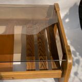 Brutalist wabi sabi slated coffee table with leather magazine holder