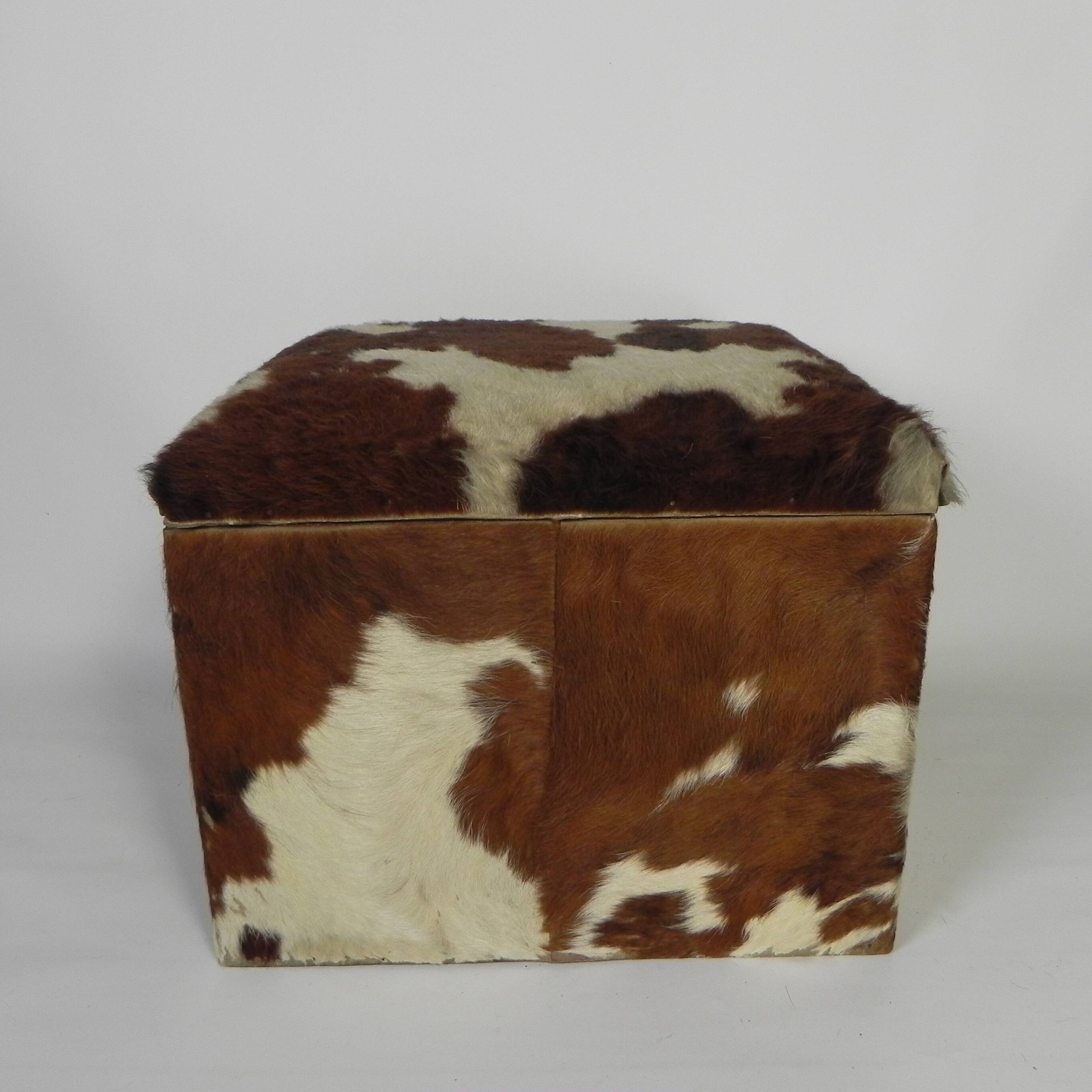 Vintage pouffe, storage chest upholstered in cowhide, Netherlands 1950s