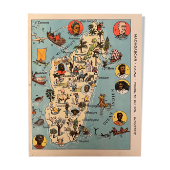 Affiche ancienne carte de Madagascar (faune) - 1931