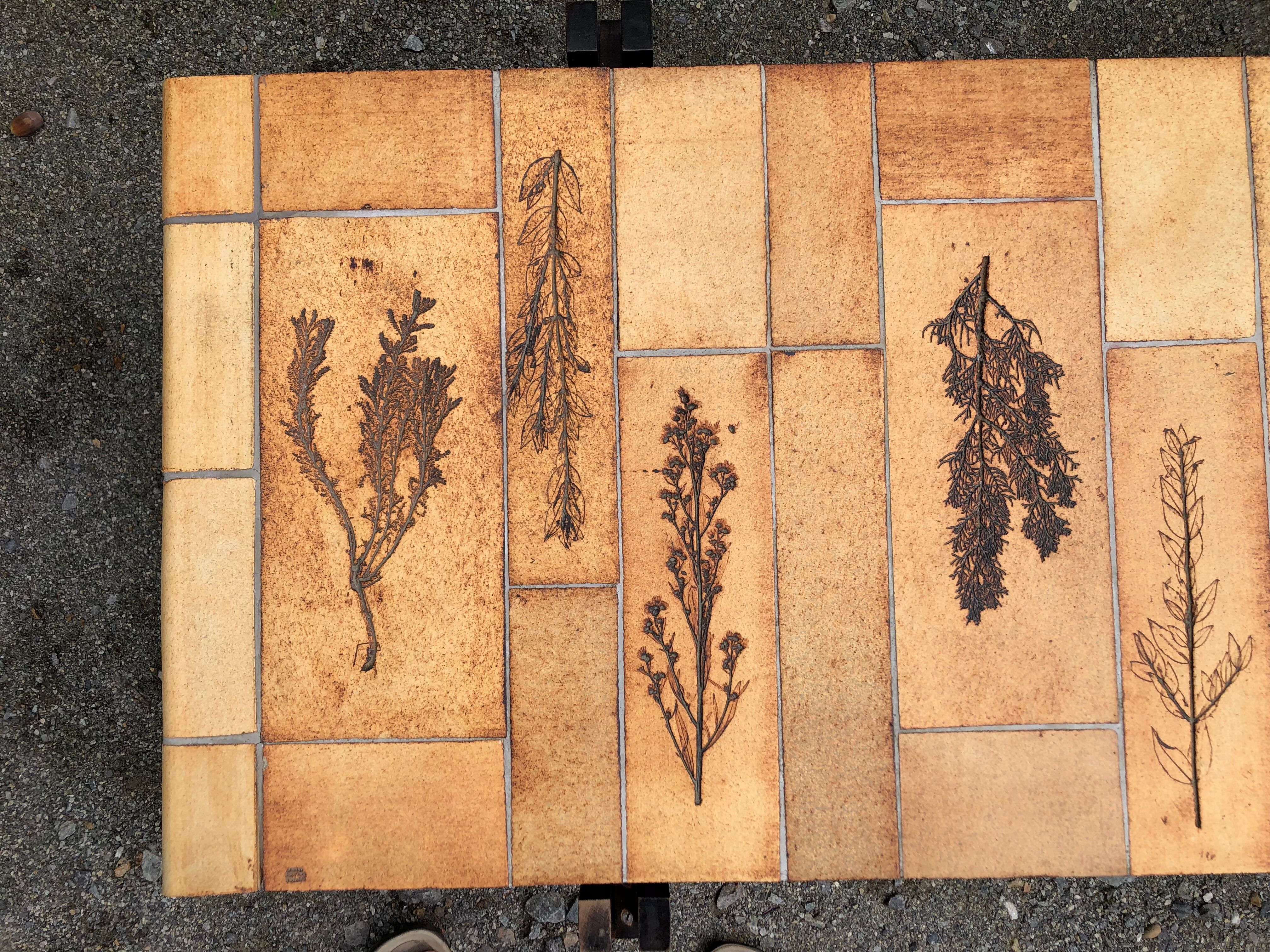 Vintage ceramic coffee table decorated with herbarium decoration Roger Capron