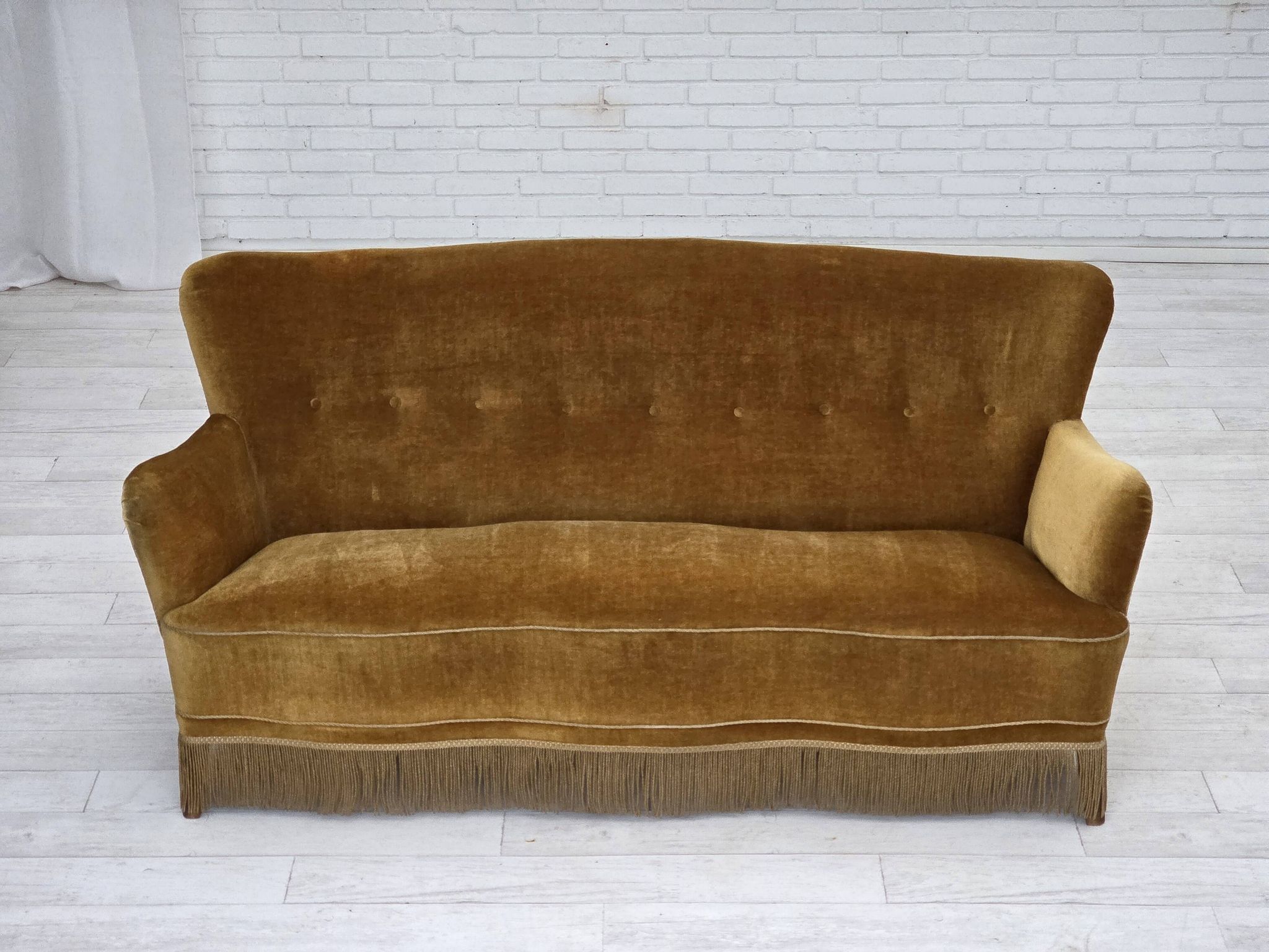 1960s, Danish 3-seater sofa, honey-yellow furniture velour, beech wood.