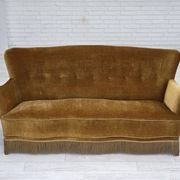 1960s, Danish 3-seater sofa, honey-yellow furniture velour, beech wood.