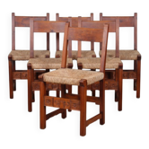 Ensemble de 6 chaises paillées en bois, travail français, 1950