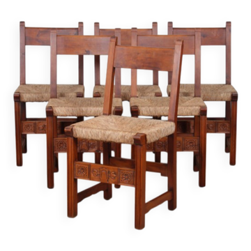 Set of 6 wooden straw chairs, French craftsmanship, 1950.
