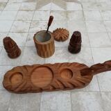 Vintage tablepiece in carved solid wood featuring salt, pepper and mustard pot