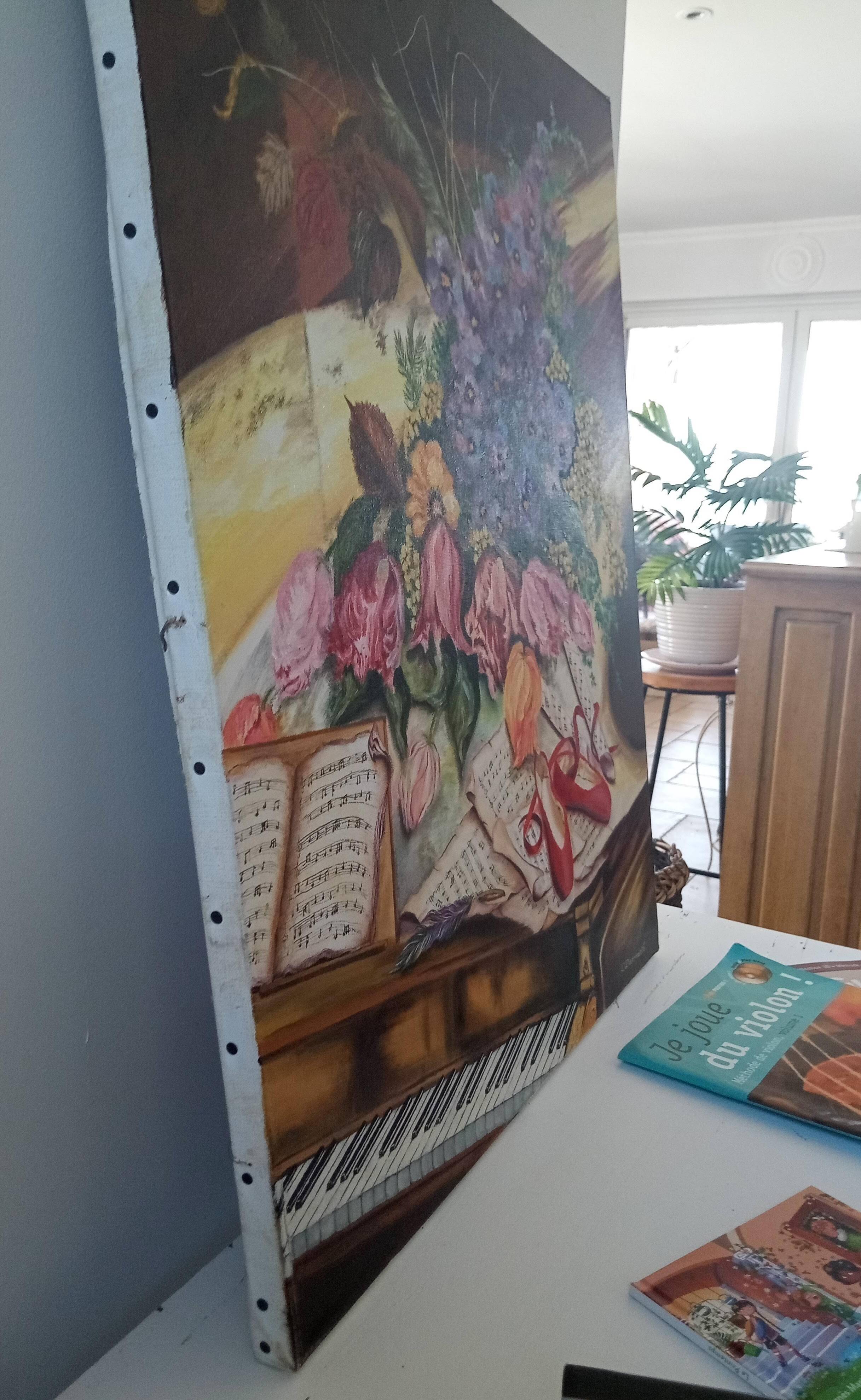 Vintage oil painting on canvas signed Darmanté – Still life with piano and flowers.
