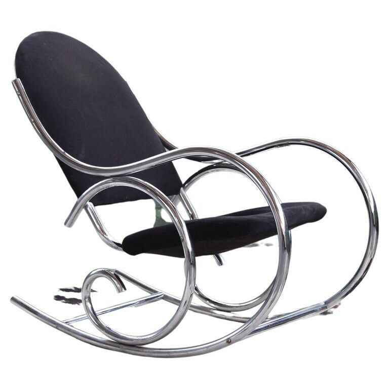1970s chrome and black velvet sculptural rocking chair