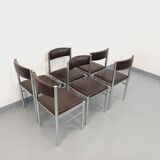 Set of 6 vintage chairs from the 70s in chrome metal and brown faux leather.