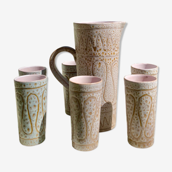 Vallauris Austruy ceramic pitcher and 6 glasses