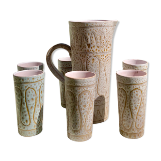 Vallauris Austruy ceramic pitcher and 6 glasses