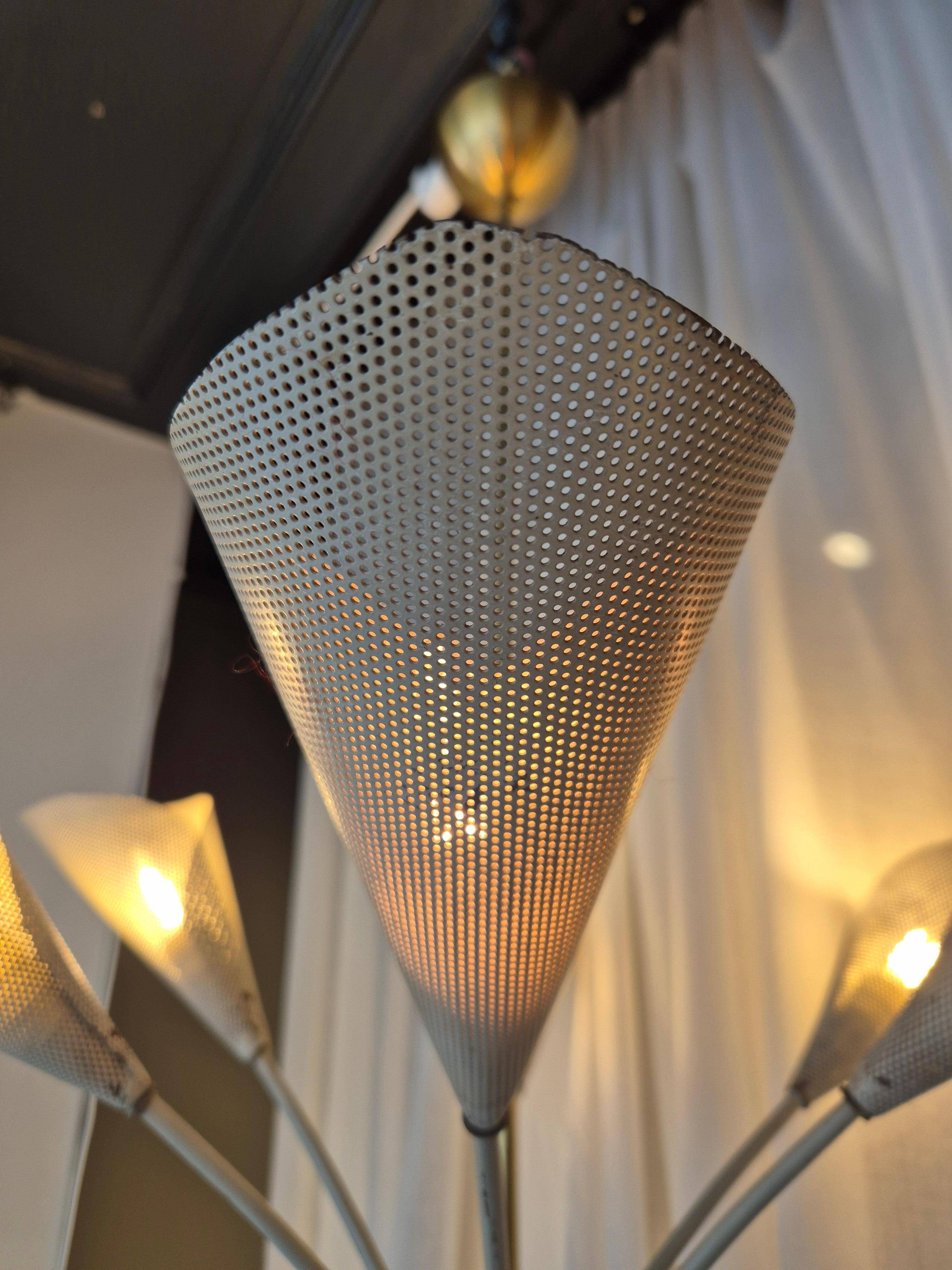 Elegant Chandelier with Six Arms, Perforated Metal Shade, Midcentury Modern