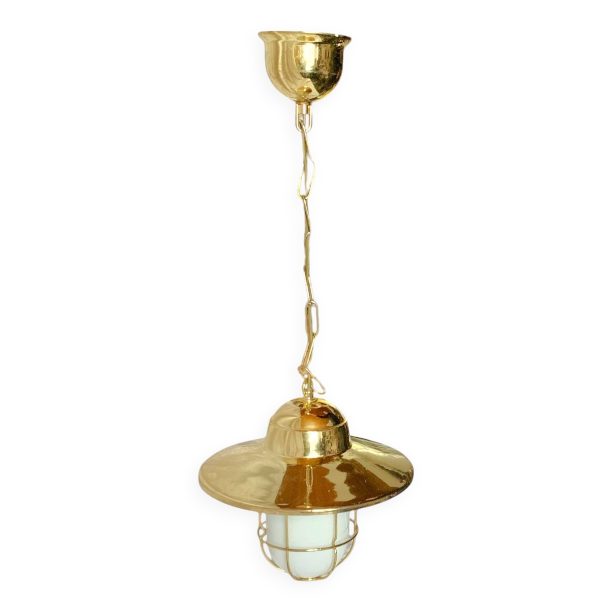 Vintage pendant light in gold metal and white opaline