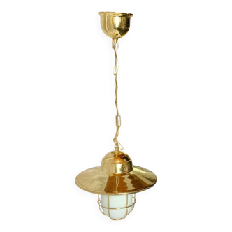 Vintage pendant light in gold metal and white opaline
