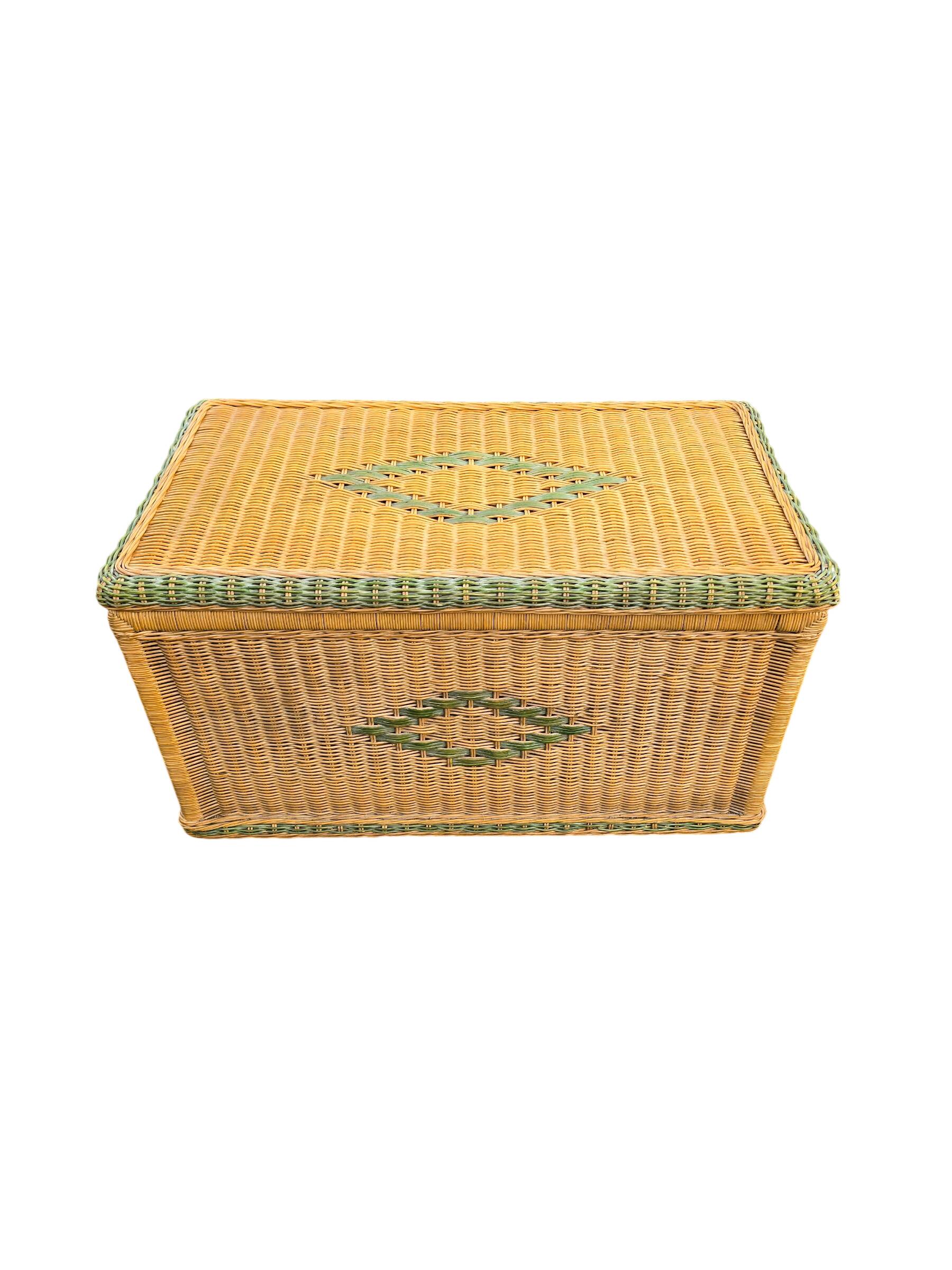 Large vintage wicker chest with green decoration.