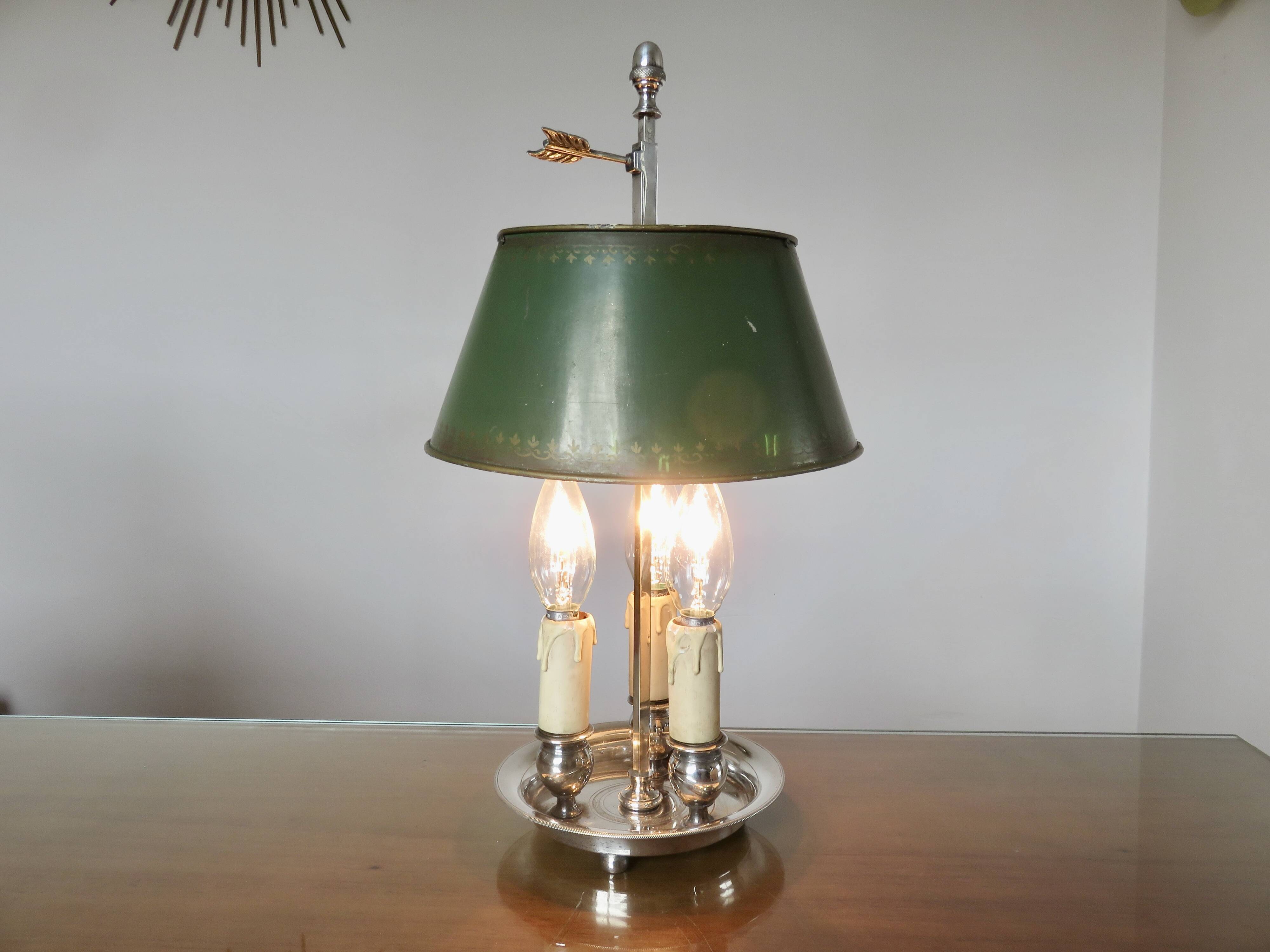 Authentic antique bouillotte lamp in chrome bronze with 3 lights, 1930s.