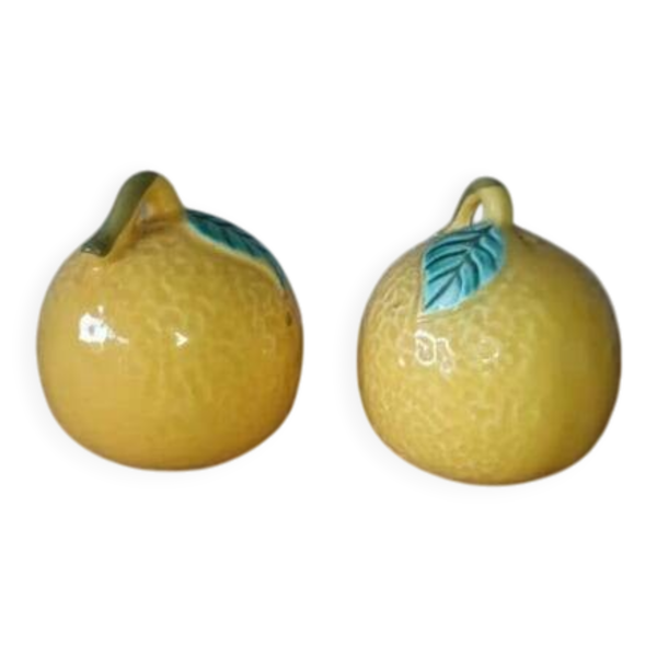 Salière et poivrière en barbotine – motif citron, années 50