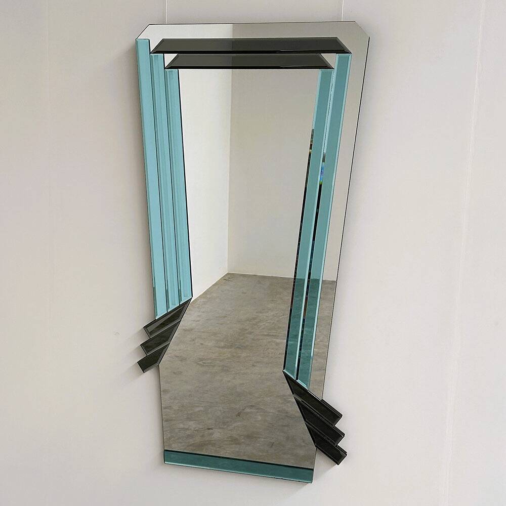 Postmodern geometric mirror with blue & dark gray smoked glass, 1980s