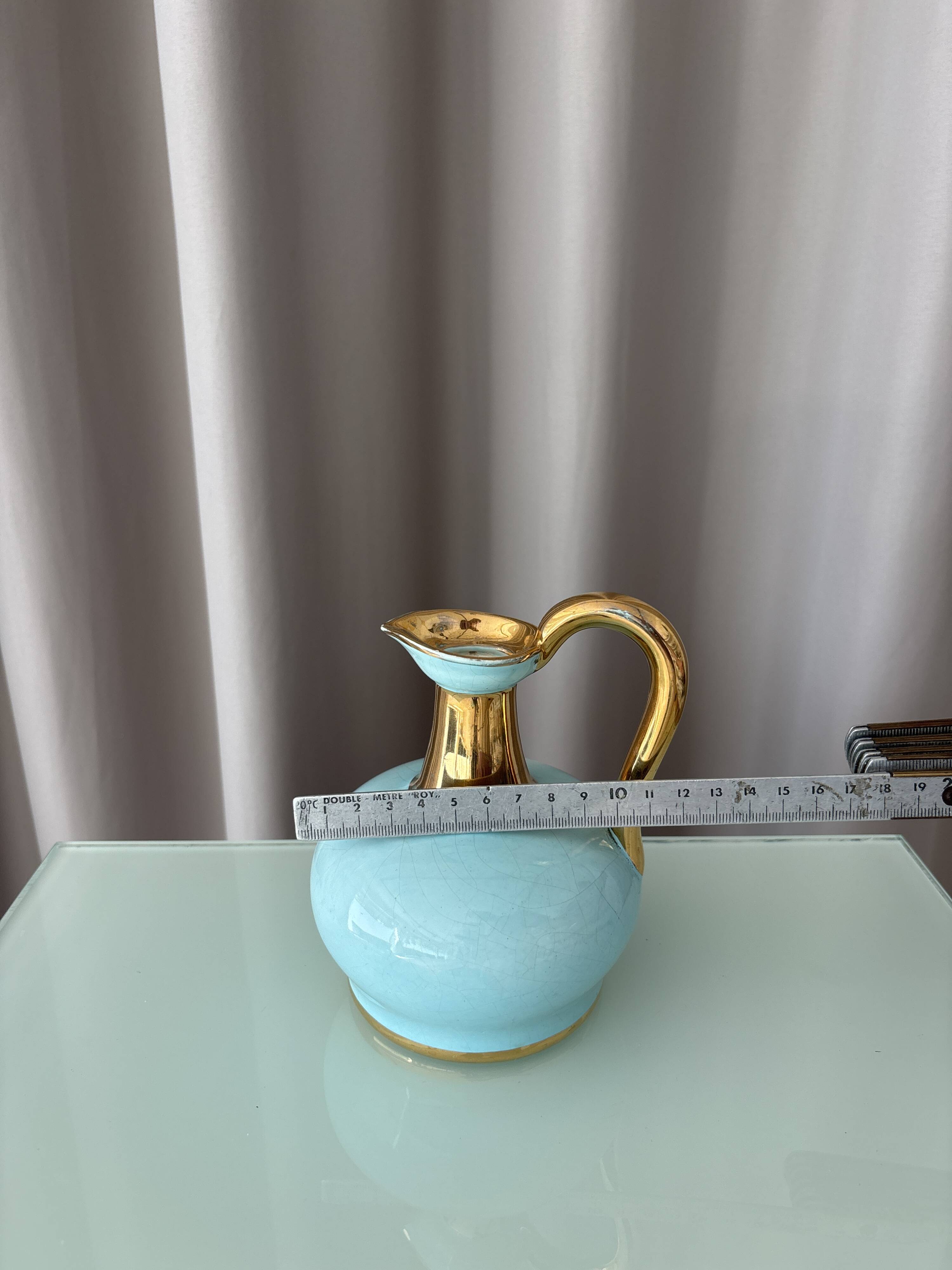 Vintage A. Bayer Belgium Turquoise Crackle Ceramic Jug with Gold