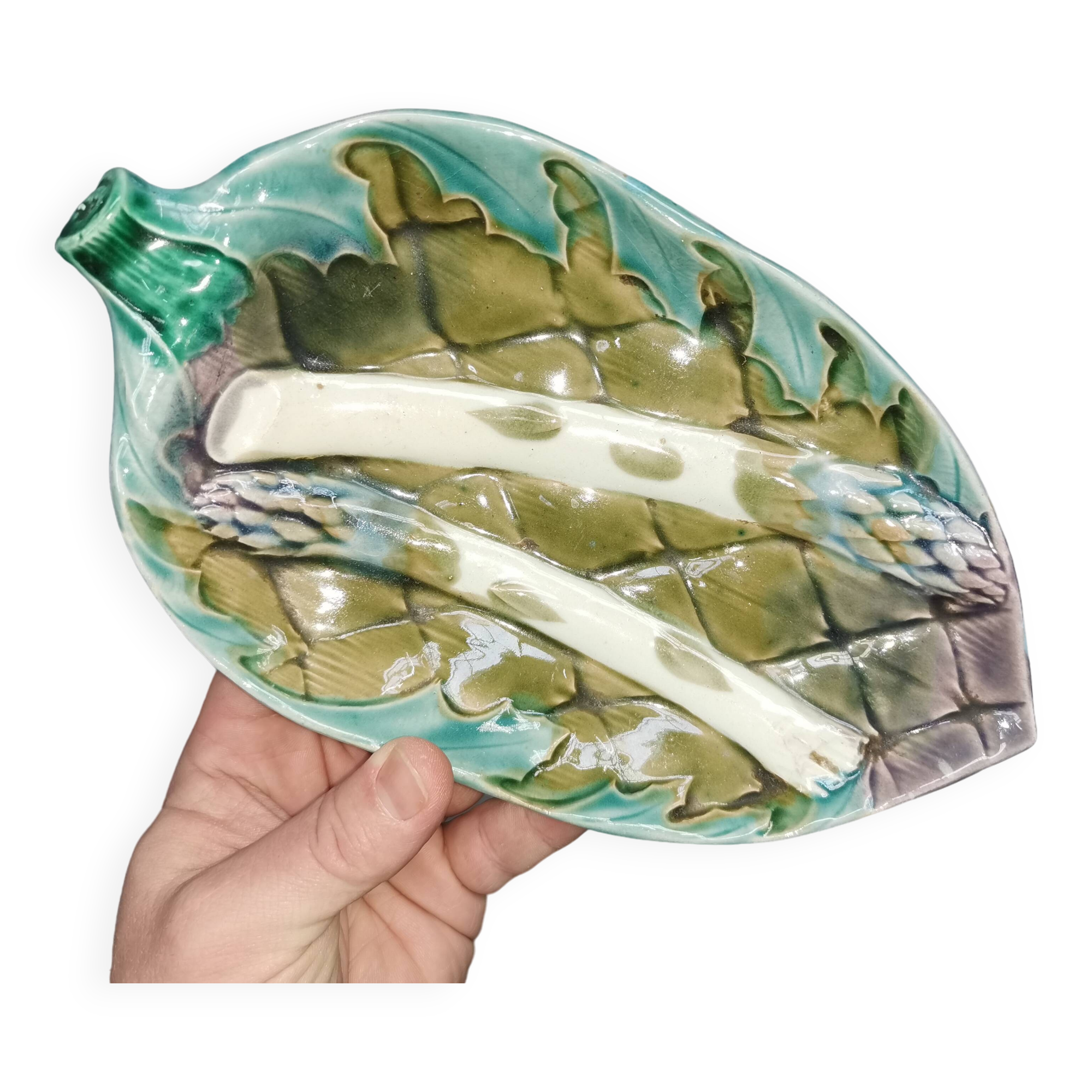 Old asparagus / artichoke dish. majolica barbotine luneville