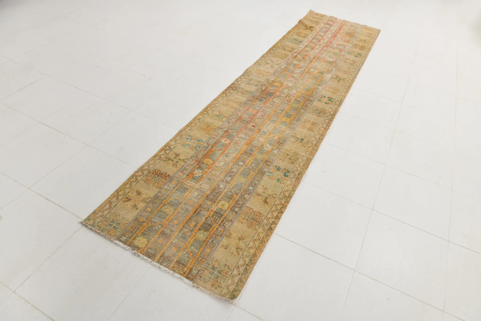 Long Narrow Vintage Persian Runner Rug, Brown & Orange Hallway Rustic Decor