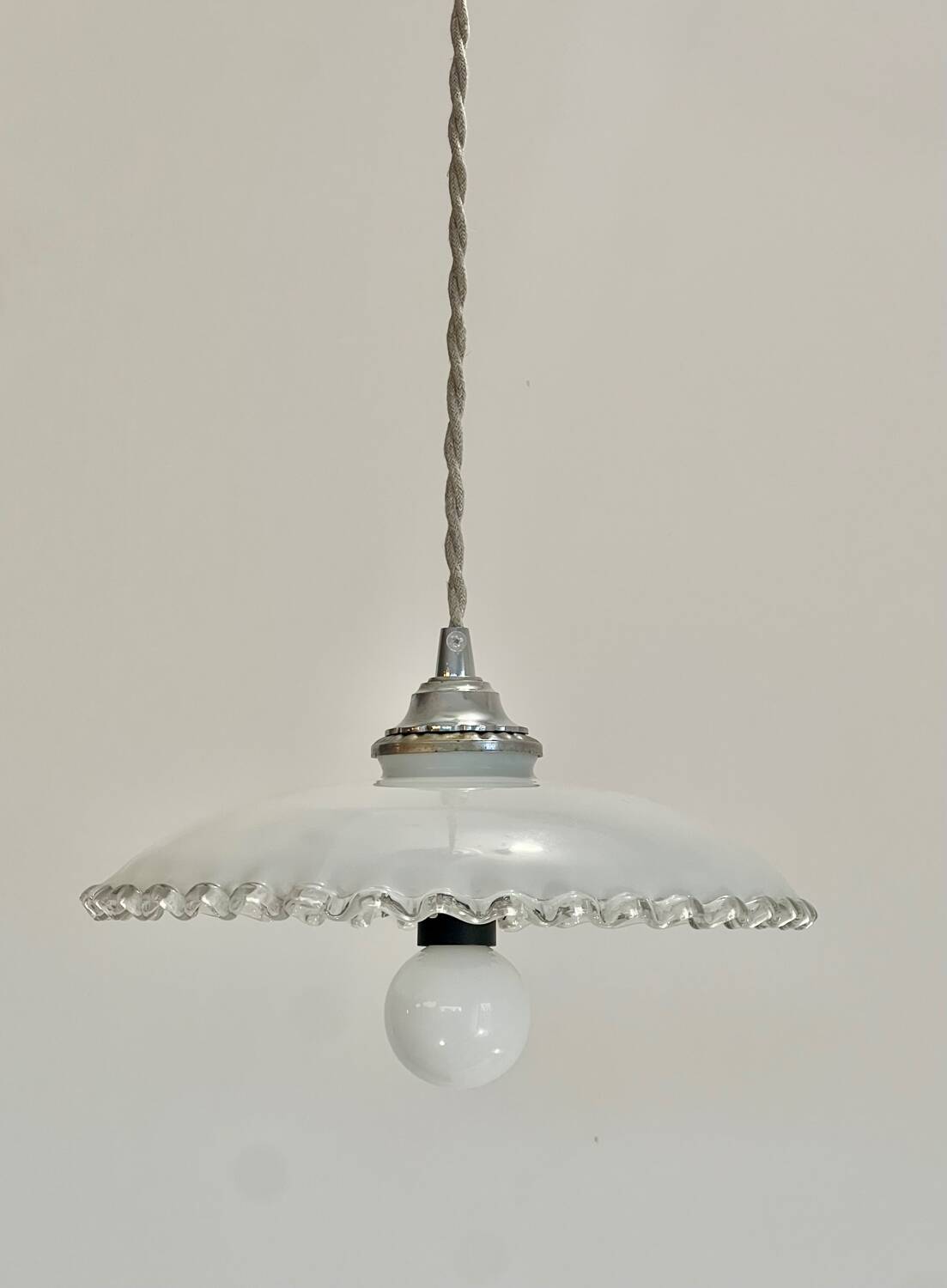 Art Deco opaline pendant light with metal lace balcony