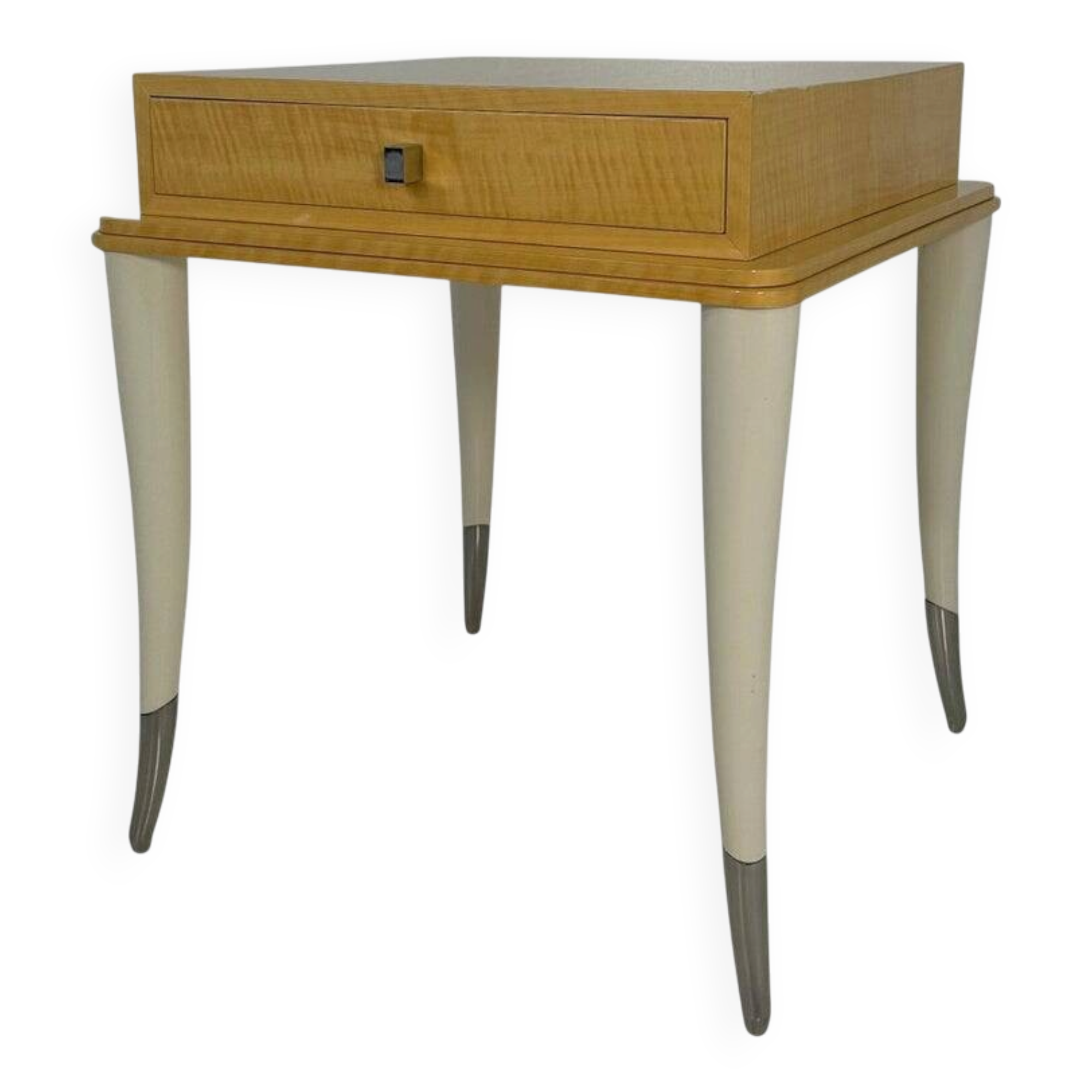 Italian Art Deco Style Cream Lacquer, Maple, Cream Velvet and Chromed Metal Side Table