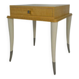 Italian Art Deco Style Cream Lacquer, Maple, Cream Velvet and Chromed Metal Side Table