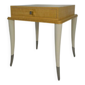 Italian Art Deco Style Cream Lacquer, Maple, Cream Velvet and Chromed Metal Side Table