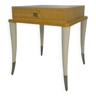 Italian Art Deco Style Cream Lacquer, Maple, Cream Velvet and Chromed Metal Side Table