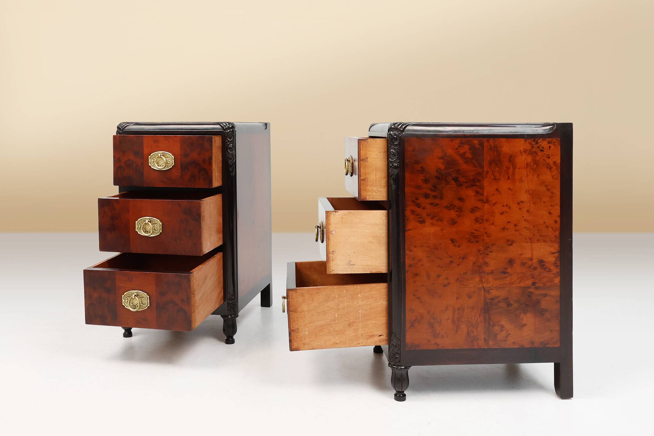Pair of Art Deco nightstands in burl veneer, oak and copper, France ca. 1910