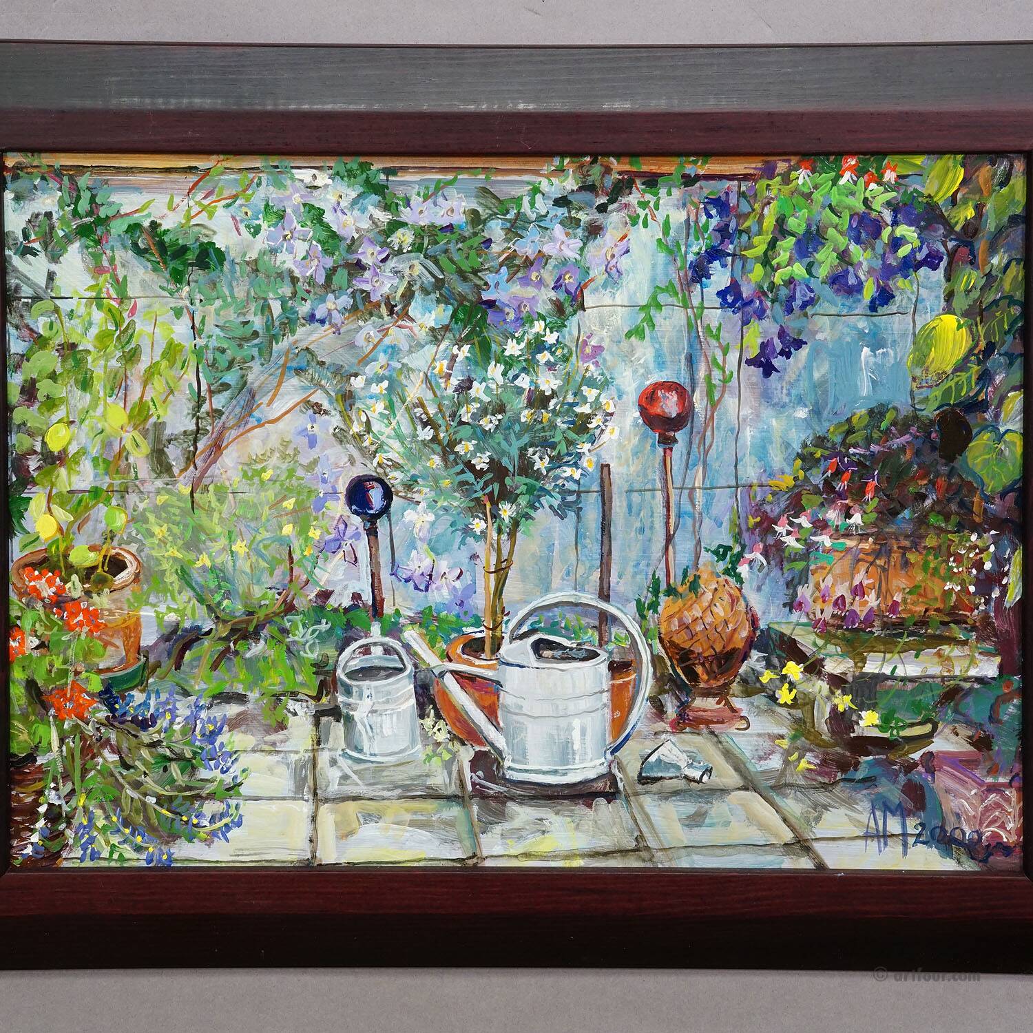 Garden clematis with watering cans, 2000 – Oil painting by Alexander Michael