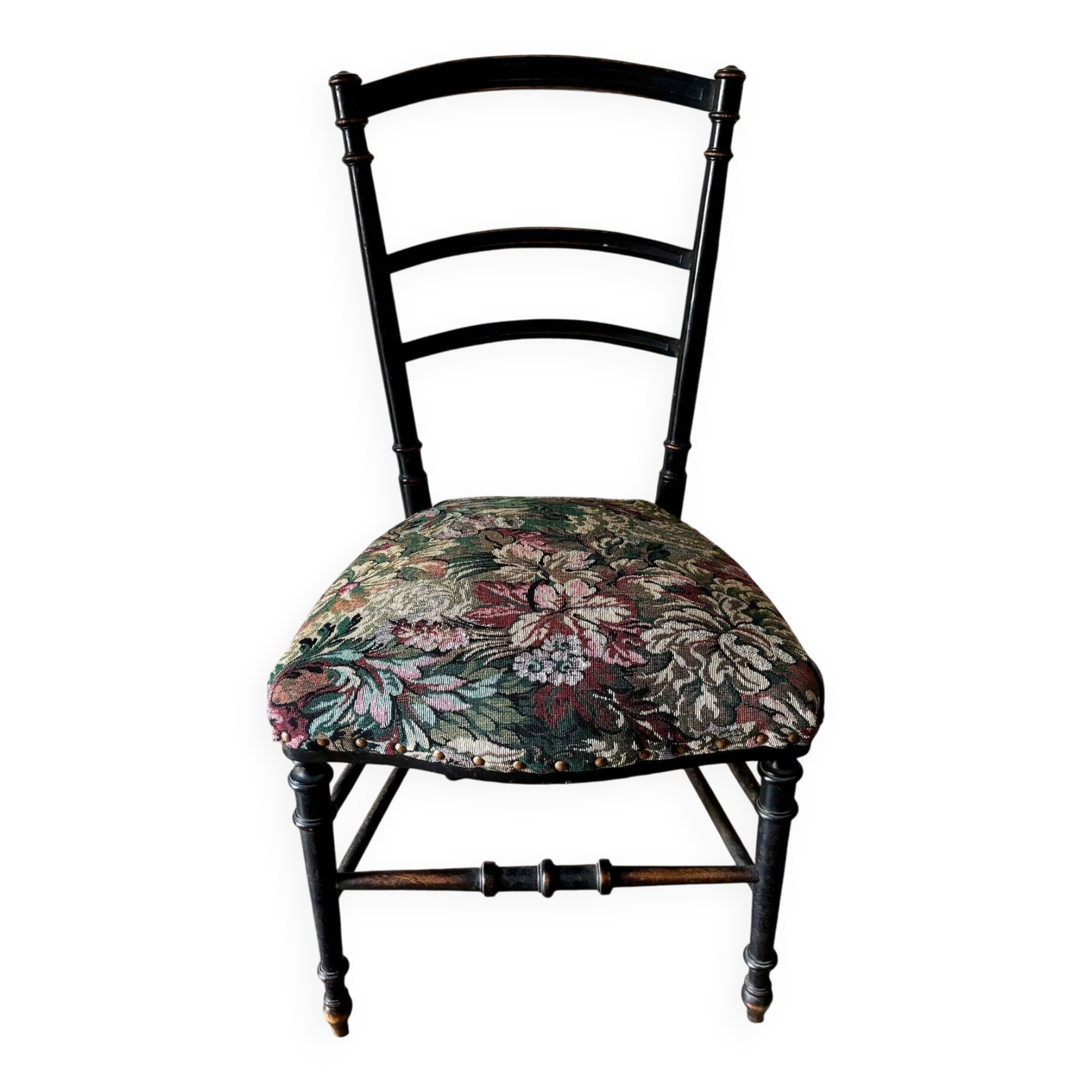 Napoleon III chair in black wood and floral jacquard