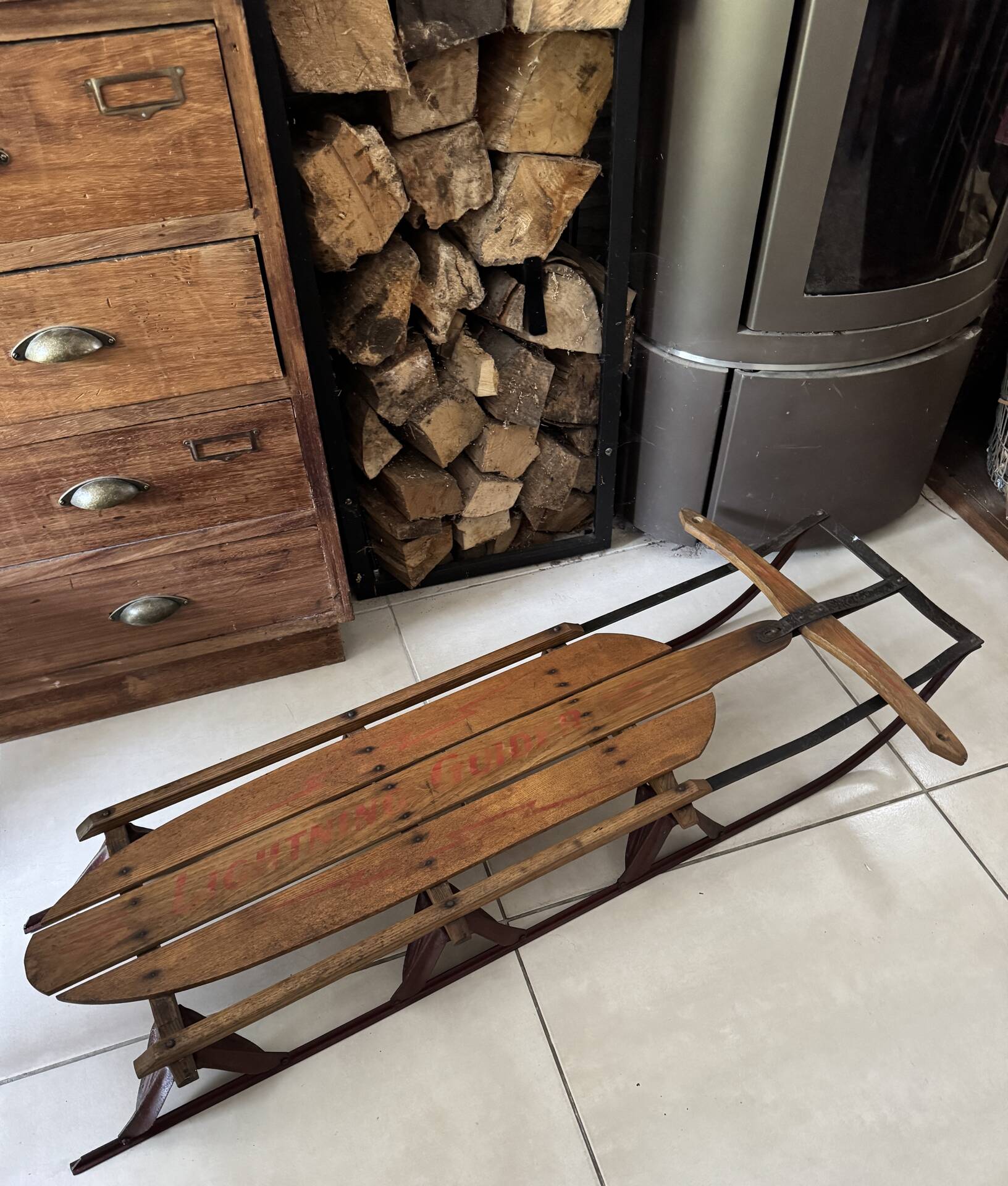 Vintage American sled in wood and metal - 1950s