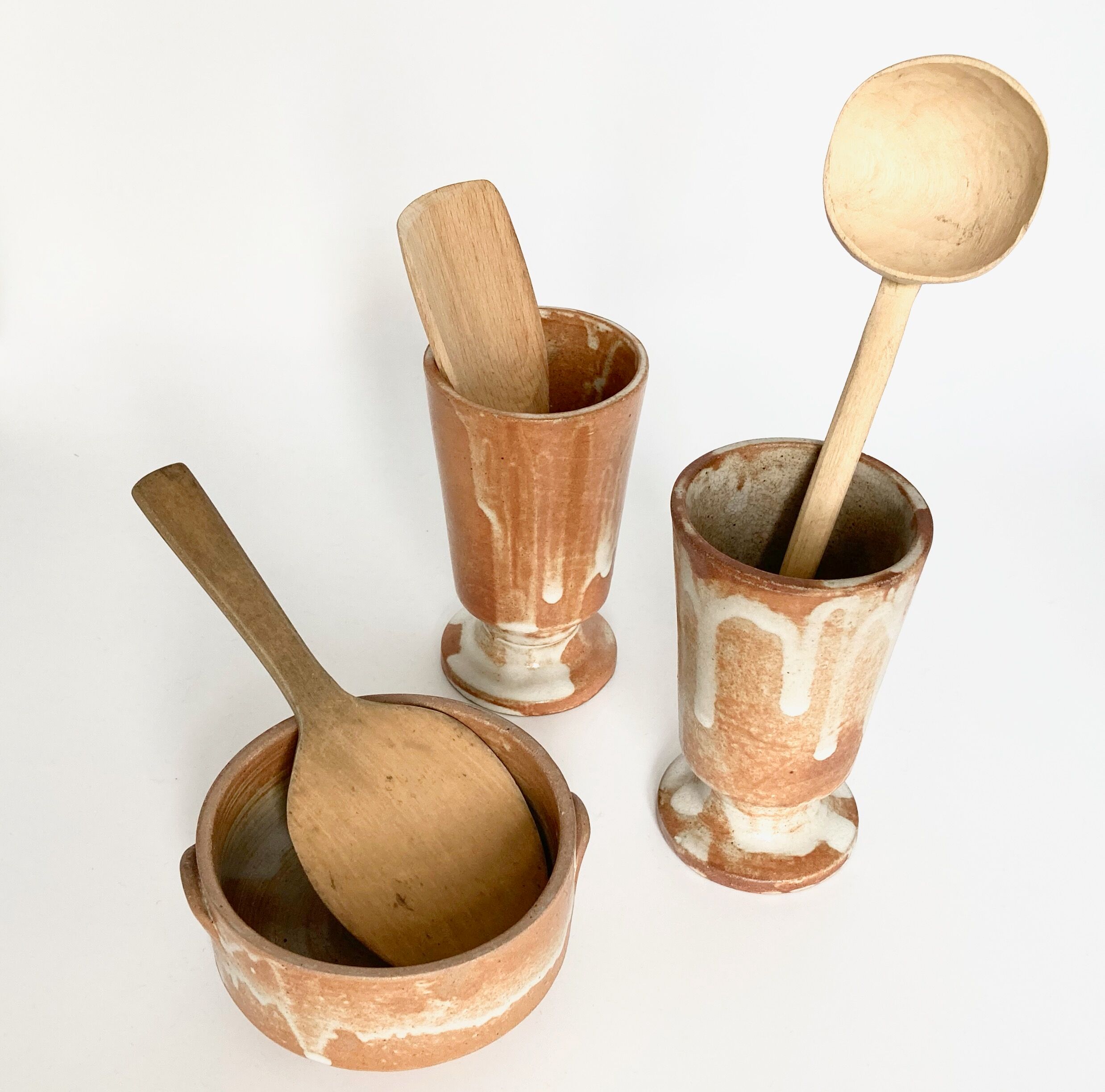 Two vintage stoneware cups and sugar bowl