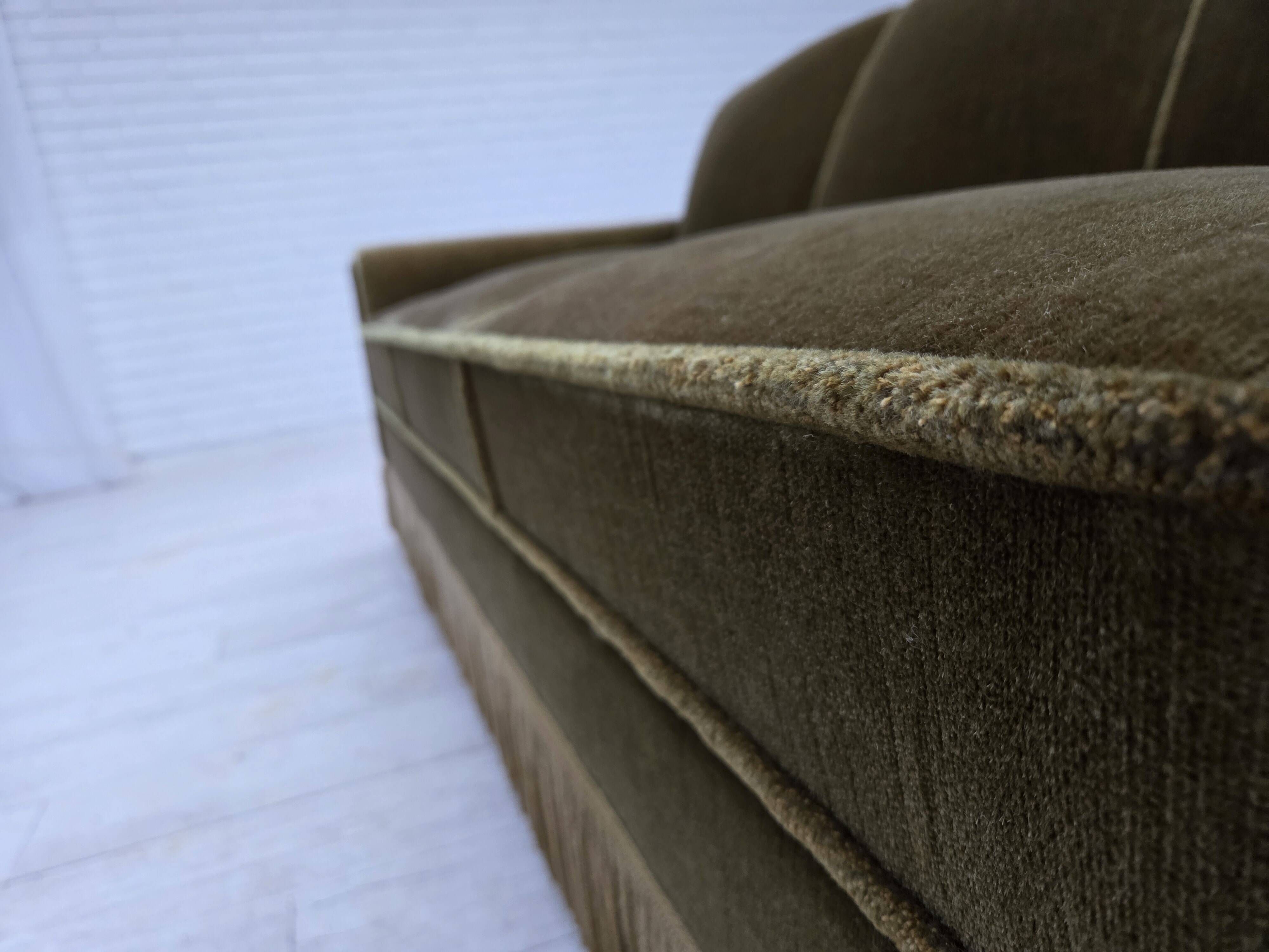 1970s, Danish 3-seater sofa, green furniture velour, teak wood legs.