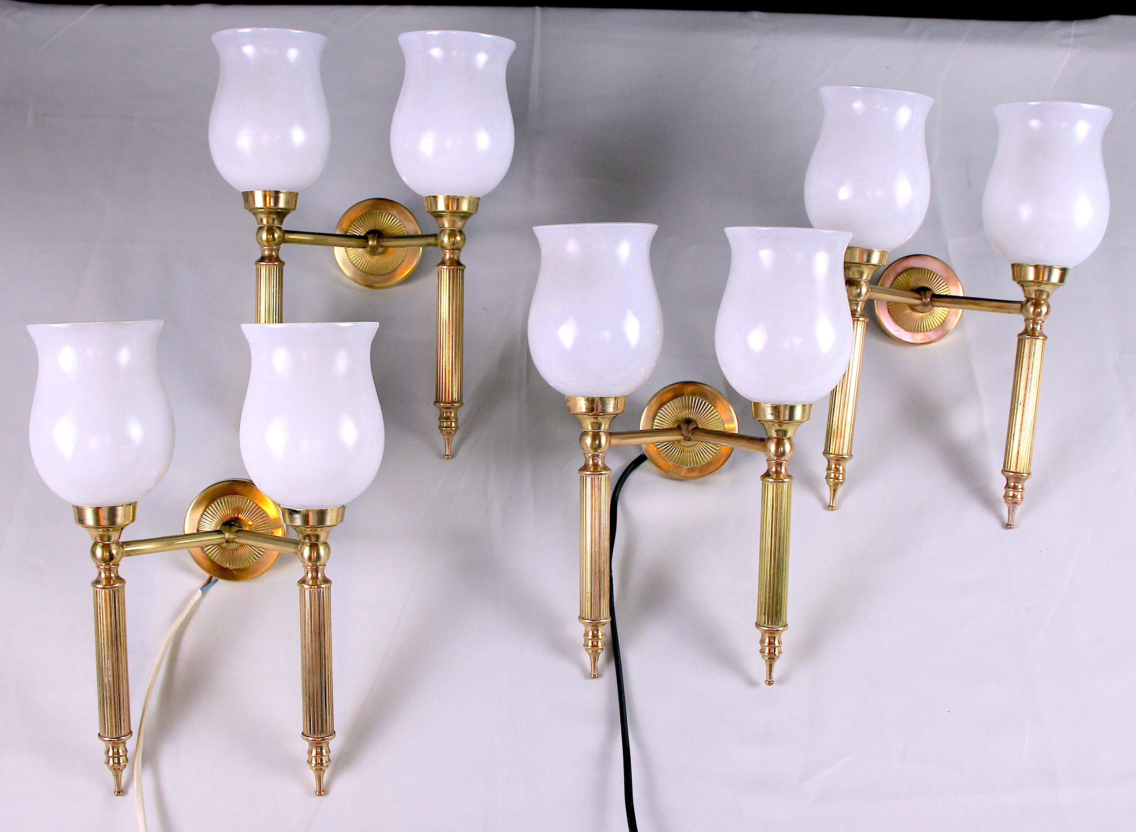 Pair, Neo-Classic Wall Sconces, with Original Tulip Opaline, Maison Jansen France Mid-Century