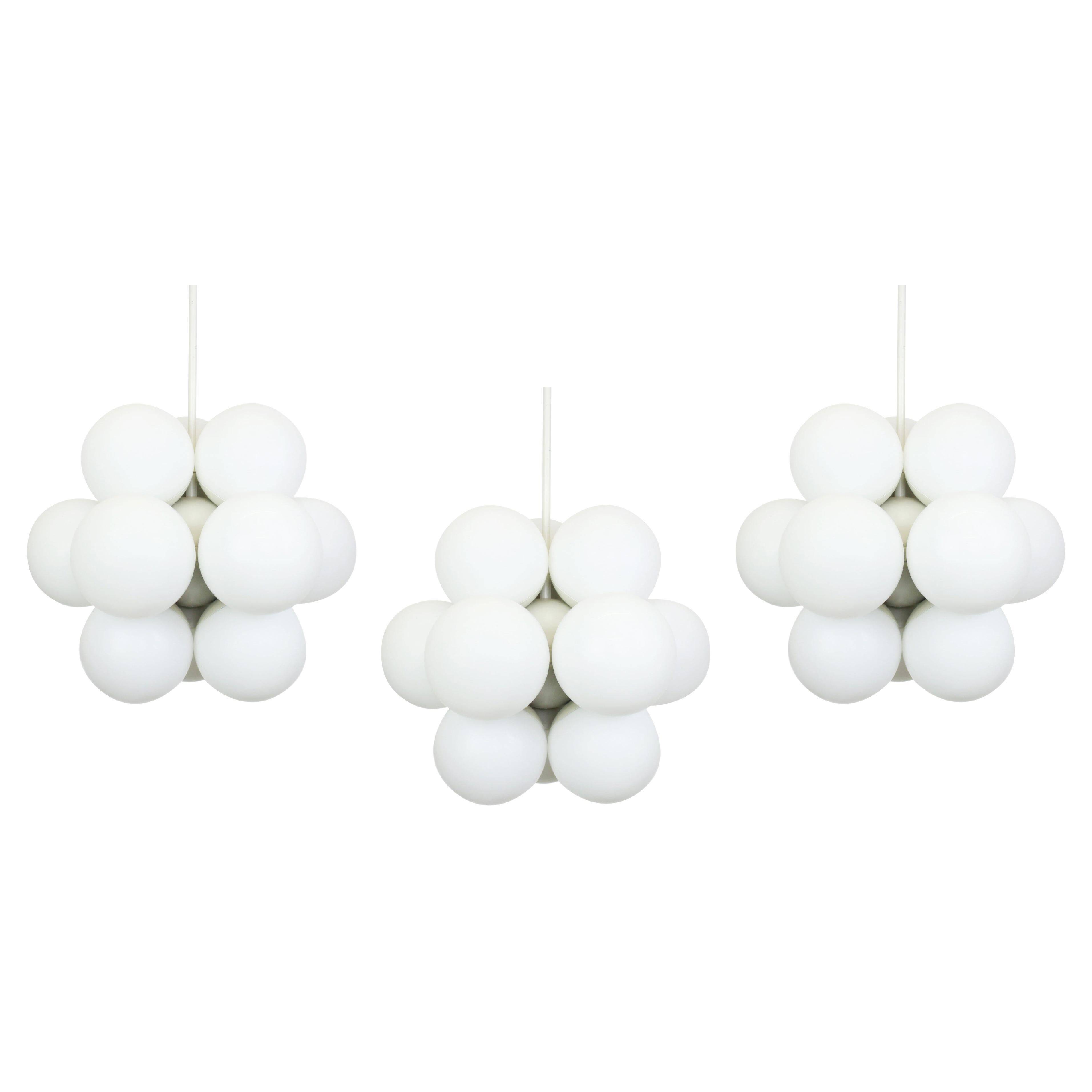 Kaiser Sputnik chandelier, molecular shape, 12 opal glasses, Germany, 1970s