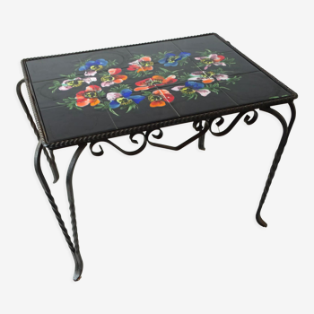 Coffee table in wrought iron, vallauris ceramic signed la roue